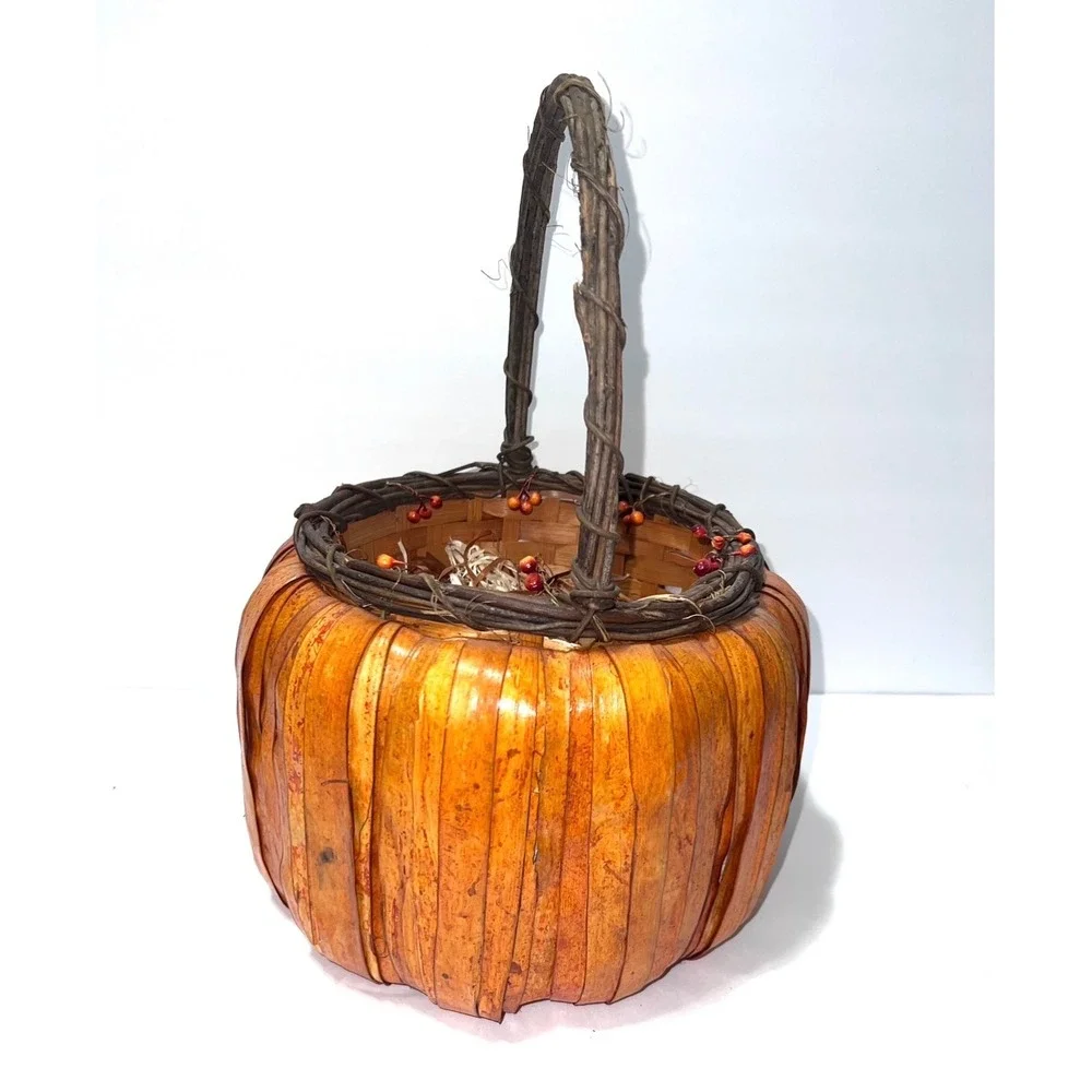 Rustic Woven Wood Pumpkin Basket Fall Harvest Decor with Grapevine Handle 14.5in